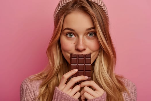 AI generated cute woman snubs chocolate over pink background. photo