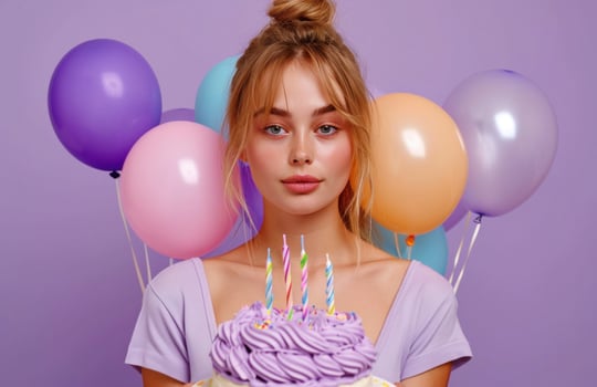 AI generated happy young woman holding birthday cake with colorful balloons. photo