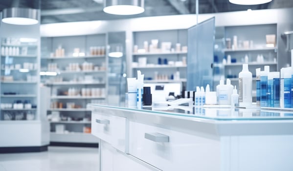 AI generated pharmaceutic store with white shelves and cosmetic products. photo