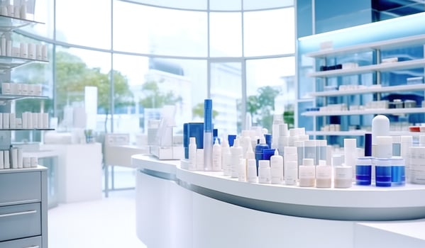 AI generated pharmaceutic store with white shelves and cosmetic products. photo