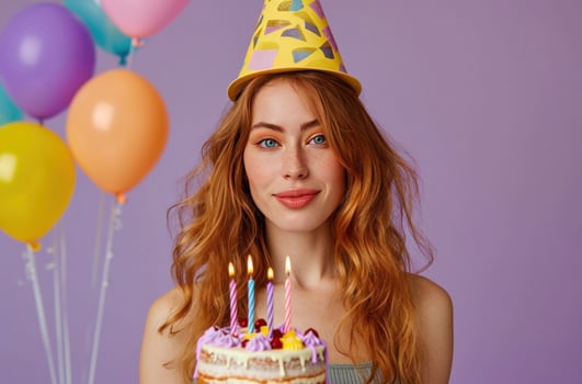 AI generated woman in birthday hat holding birthday cake. photo