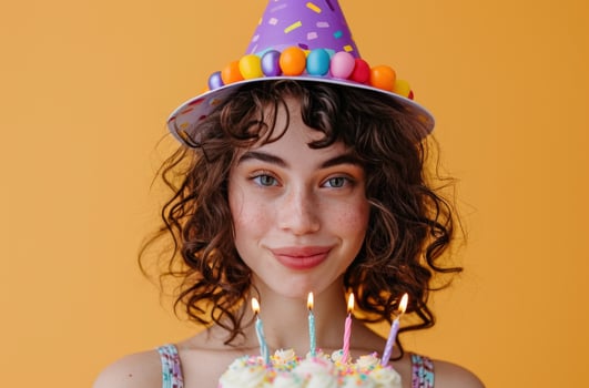 AI generated woman in birthday hat holding birthday cake. photo