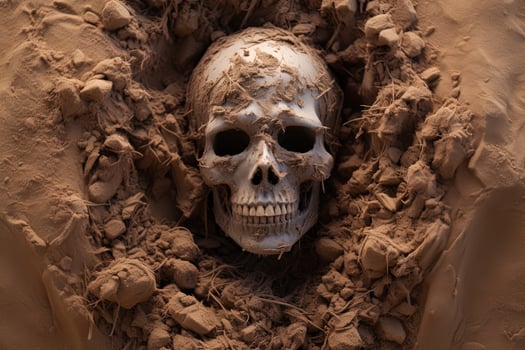 AI generated dried human skull covered with sand in desert photo