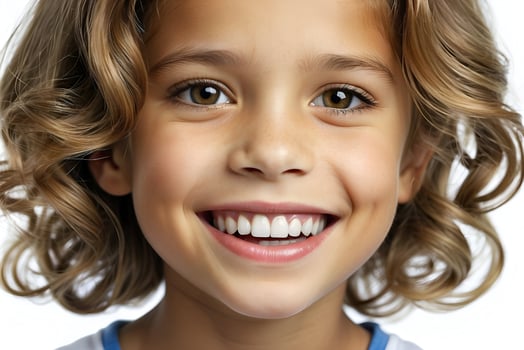 AI generated Close-up image of an adorable kid with a wild and curly hairstyle smiling. photo