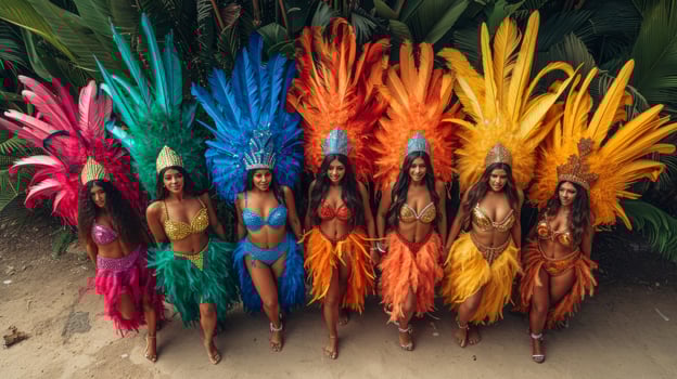 AI generated Group of beautiful young women in colorful brazilian carnival costumes. photo