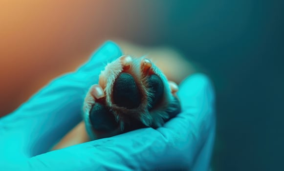 AI generated Generative AI, veterinarian hand is holding dog's claw. Dog's paw in human's hand. Domestic pet photo