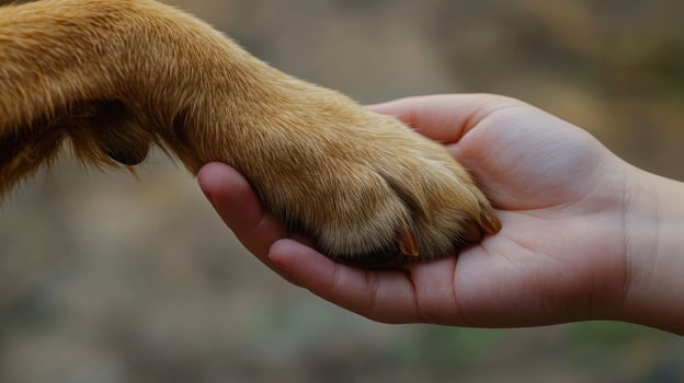 AI generated Generative AI, veterinarian hand is holding dog's claw. Dog's paw in human's hand. Domestic pet photo