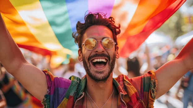 AI generated Generative AI, gay man smiling with rainbow flag, LGBT people walking in the street during the gaypride pride photo