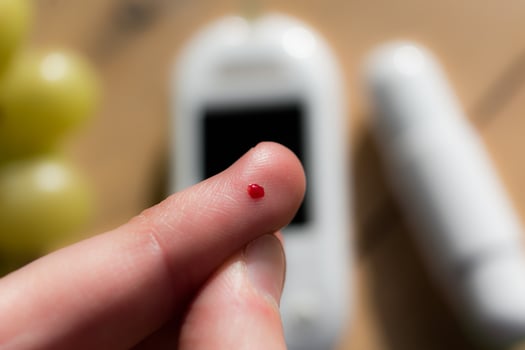 Woman pricking her finger to check blood glucose level with glucometer, test blood glucose for diabetes photo