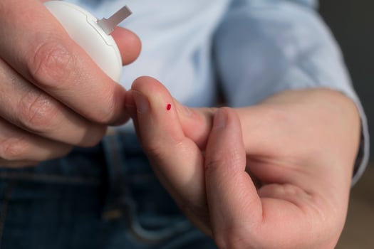 Woman pricking her finger to check blood glucose level with glucometer, test blood glucose for diabetes photo