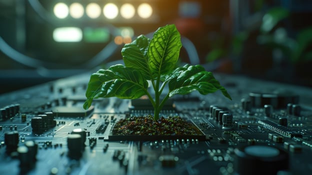 AI generated Generative AI, Plant growing from the circuit board. Ecology and environment concept photo