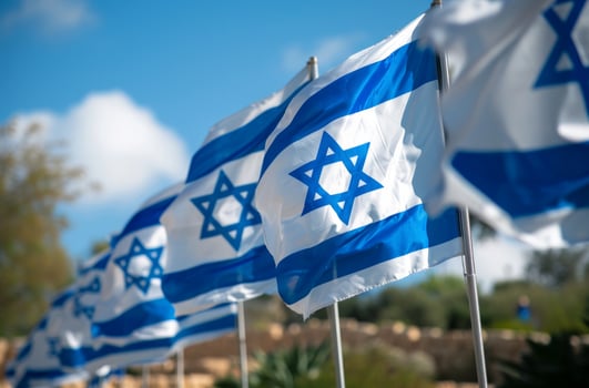 AI generated a bunch of israeli flags waving in the wind photo