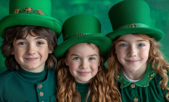 AI generated kids in green costumes posing for a photo on st patricks holiday