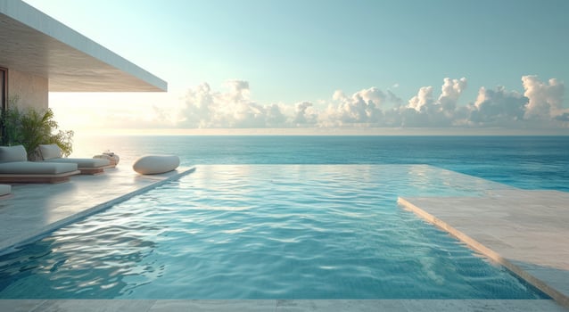 AI generated a huge swimming pool and beach on a terrace of a home photo