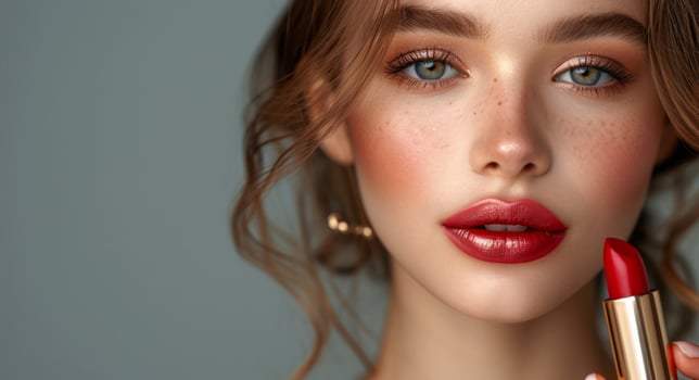 AI generated a young woman is holding a red lipstick photo