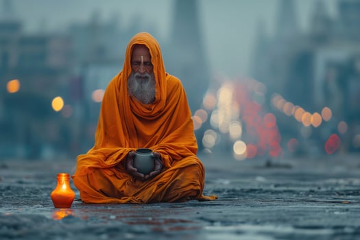 AI generated ascet sadhu sits in lotus position on the street at dusk with a begging mug photo