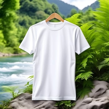AI generated PNG Blank Tshirt Mockup Hanging on a Wooden Hanger with a Nature Background photo