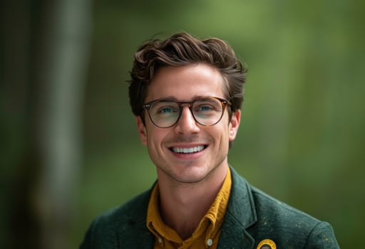 AI generated young man smiling at camera in glasses on green background photo