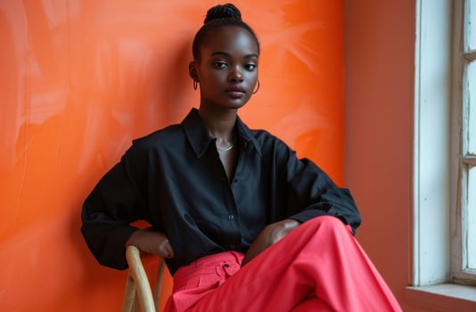 AI generated model sitting on chair in black and pink outfit photo