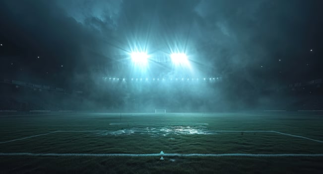 AI generated dark football pitch with light coming from a spotlight that shines on it photo