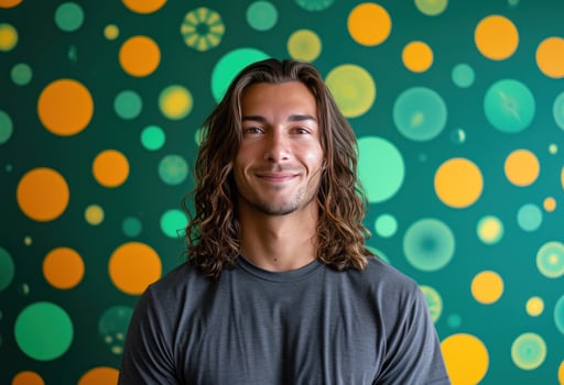 AI generated greeen background with man in long hair smiling photo