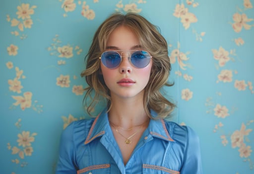 AI generated woman with a blue shirt and blue sunglasses photo