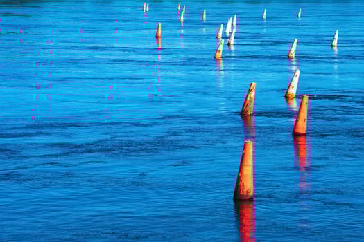 river barrier made of old faded orange buoys photo