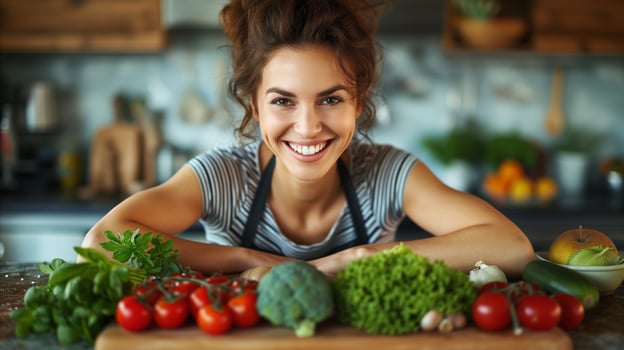 AI generated Happy woman with fresh organic vegetables in a modern kitchen photo