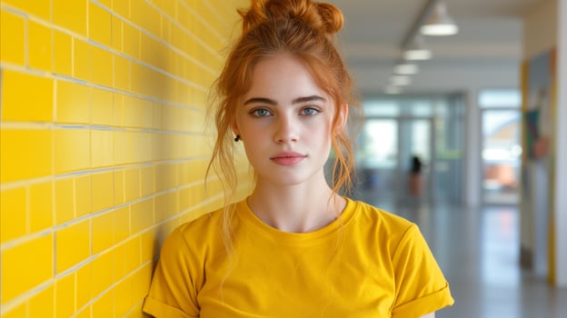 AI generated Young woman in yellow shirt leaning against bright yellow wall inside building photo