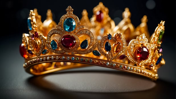 AI generated Beautiful golden crown with stones on a dark background photo