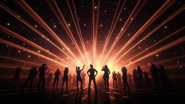 AI generated Silhouette of People Dancing on A Dance Floor with Spotlights. Party, Celebration, Crowd, Event photo