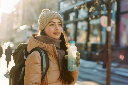 AI generated A young beautiful woman holding a reusable water bottle in the city. Generative AI. photo