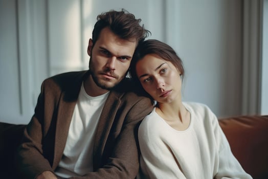 AI generated Emotional Distance - Woman Resting on Man's Shoulder Reflecting Relationship Struggles photo