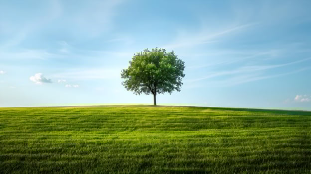 AI generated One tree on a wide grass plain with a blue light sky. A beautiful landscape bright sunny day. High-resolution. AI Generative photo