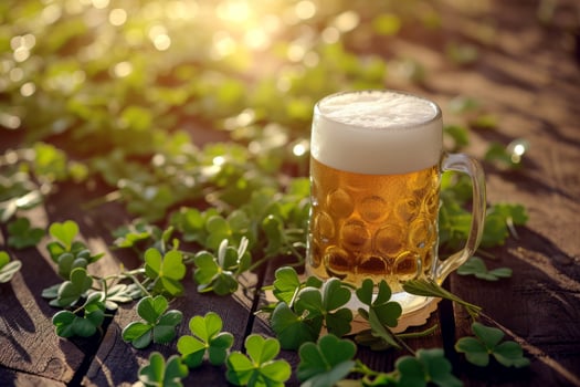 AI generated St. Patrick's Day background with a refreshing cold beer and clovers. Generative AI photo