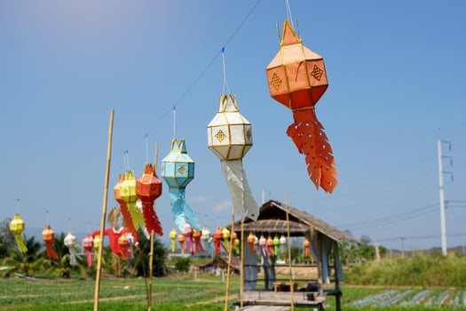 Hanging Lanna lanterns are a traditional handicraft from northern Thailand, used to hang in temple halls to worship Buddha. Or used to decorate buildings to worship the gods. photo