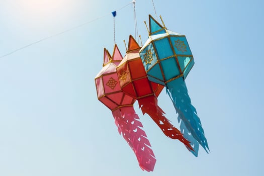 Hanging Lanna lanterns are a traditional handicraft from northern Thailand, used to hang in temple halls to worship Buddha. Or used to decorate buildings to worship the gods. photo