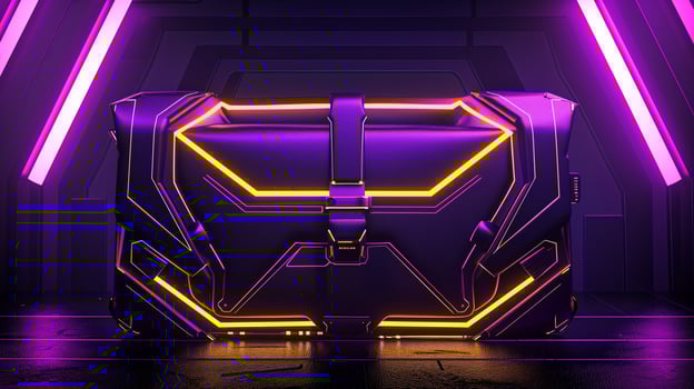 AI generated A futuristic woman's bag design, sleek and innovative shape, primary colors purple and yellow. Metallic accents, holographic textures, neon lighting effects. photo