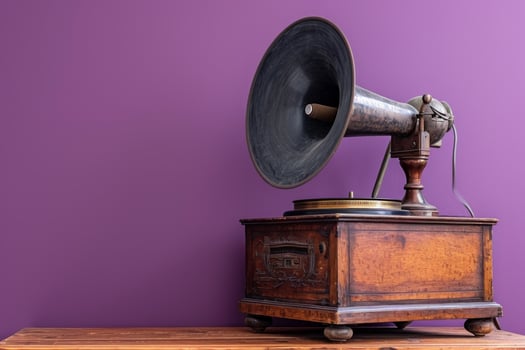 AI generated an analog gramophone on a wooden horchow stand in front of a purple wall photo
