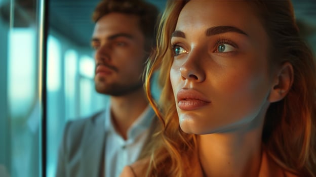 AI generated business young couple in front of the glass walls of the business office photo