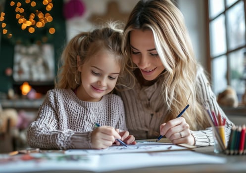 AI generated mother and daughter drawing together photo