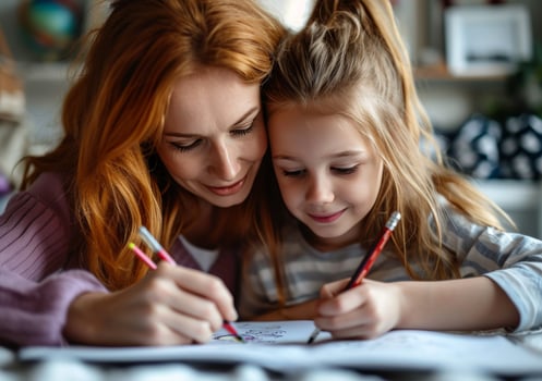 AI generated mother and daughter drawing together photo