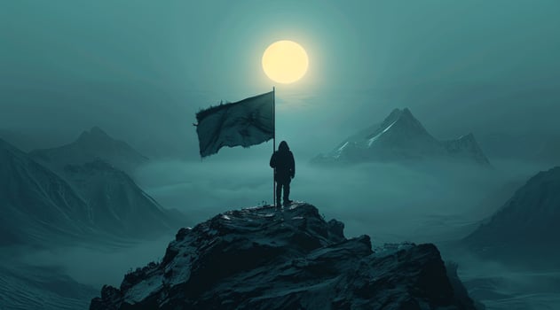 AI generated a person standing on a top of a mountain with a flag photo