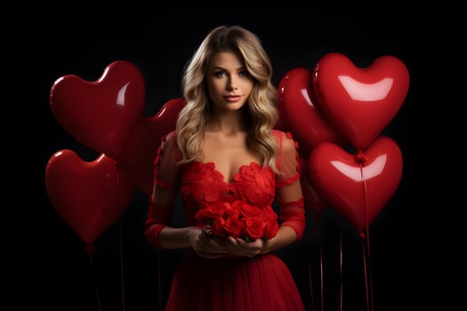 AI generated Young blonde woman with red roses bouquet in the hand and red hearts balloons at dark background. Valentines day, birthday or womens day celebration. photo