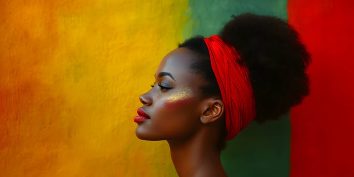 AI generated Black History Month banner with african-american woman portrait in profile over red yellow green black colors. Juneteenth Freedom Day Celebration, african liberation day concept. photo