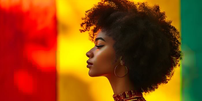 AI generated Black History Month banner with african-american woman portrait in profile over red yellow green black colors background. Juneteenth Freedom Day Celebration, african liberation day. photo