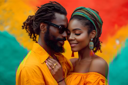 AI generated Black History Month banner with african-american young couple portrait over red yellow green background. Juneteenth Freedom Day Celebration, african liberation day concept. photo