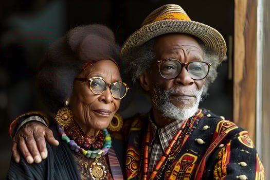 AI generated Black History Month banner with african-american elegant elderly couple portrait on dark background. Juneteenth Freedom Day Celebration, african liberation day concept. photo