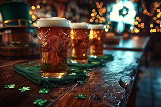 AI generated St. Patrick's Day in Ireland. Glasses of beer on a wooden bar counter with green clover leaves. Symbol of Saint Patrick's Day. photo