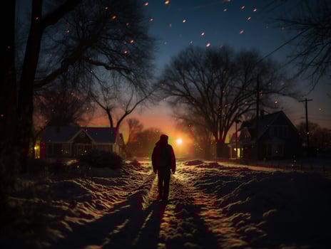 AI generated A man walking on a snowy road at sunset in the winter. photo